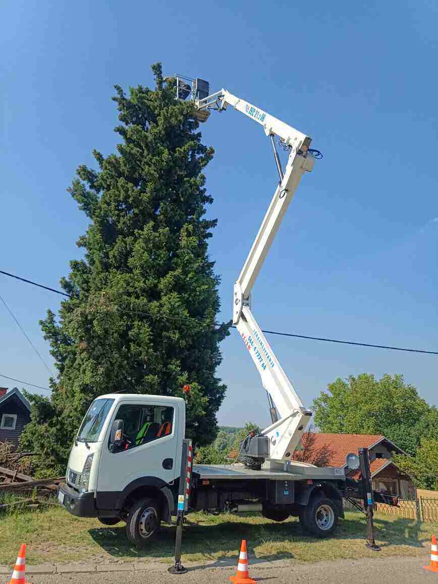 Kamion korpa sa podignutom strelom pored drveta